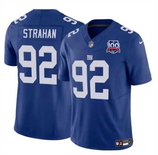 Men & Women & Youth New York Giants #92 Michael Strahan Blue 2024 F.U.S.E. 100TH Season Patch Vapor Untouchable Limited Stitched Jersey